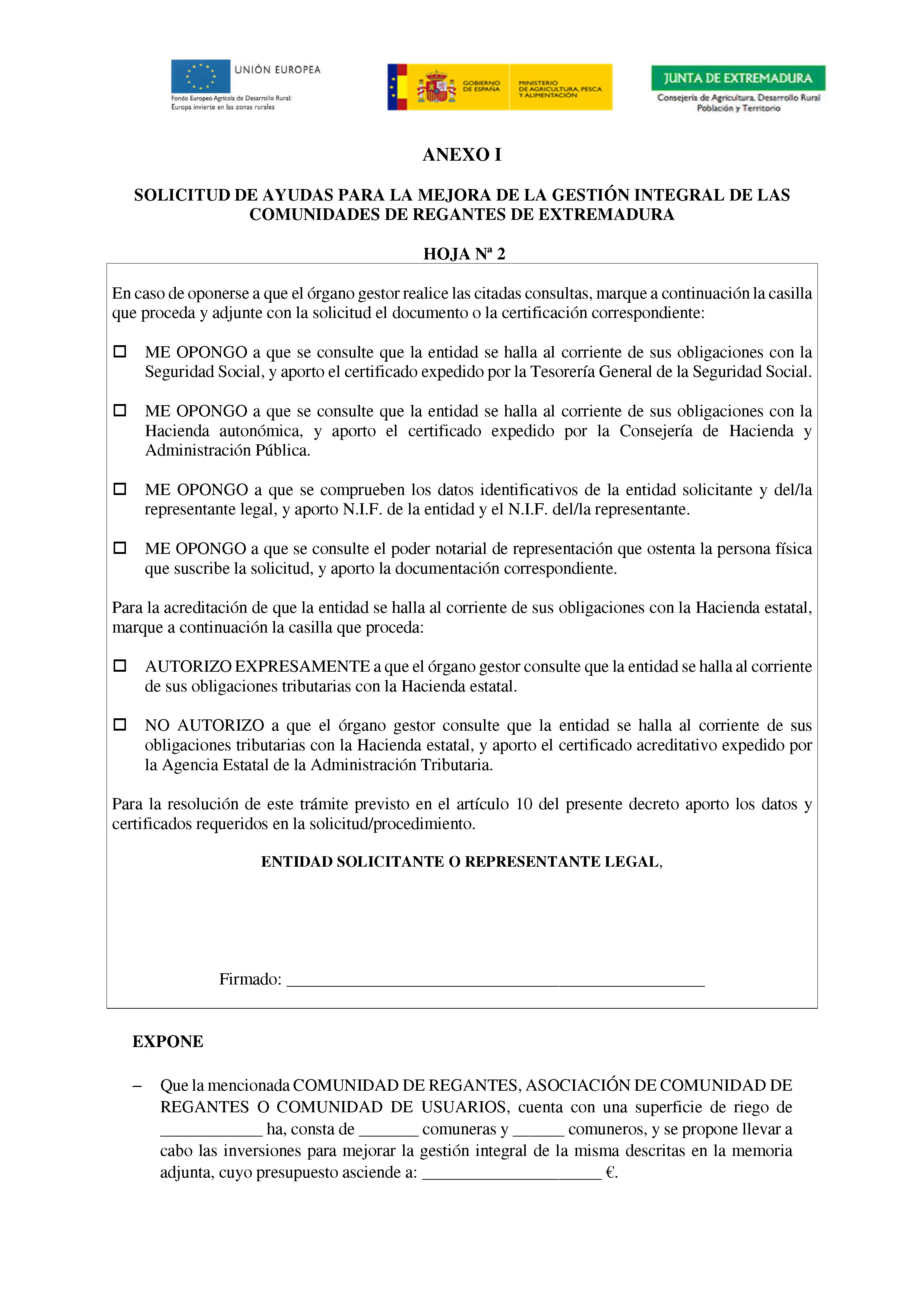 ANEXO I SOLICITUD DE AYUDAS PARA LA MEJORA DE LA GESTION INTEGRAL DE LAS COMUNIDADES DE REGANTES DE EXTREMADURA PAG.3