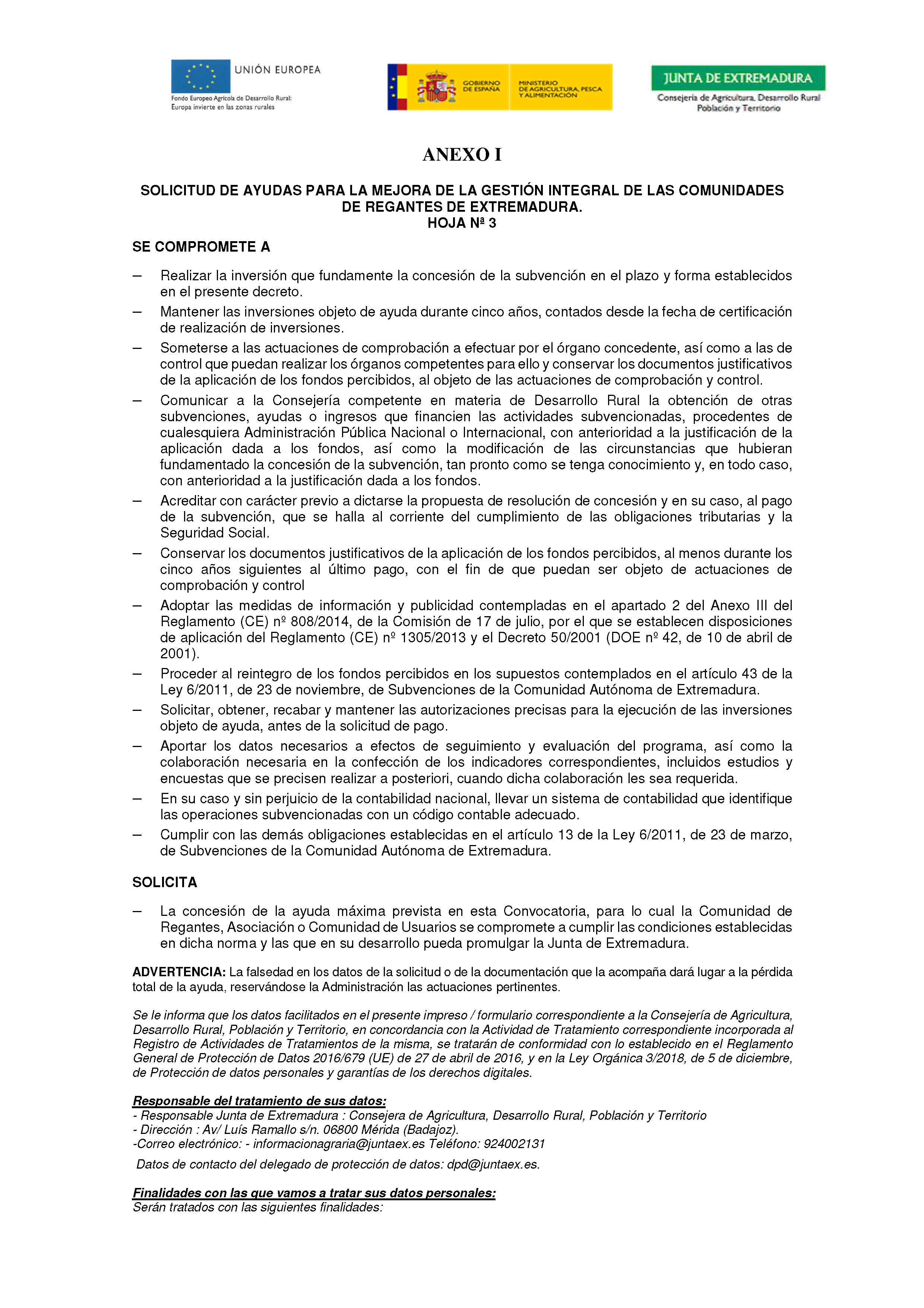 ANEXO I SOLICITUD DE AYUDAS PARA LA MEJORA DE LA GESTION INTEGRAL DE LAS COMUNIDADES DE REGANTES DE EXTREMADURA PAG.5