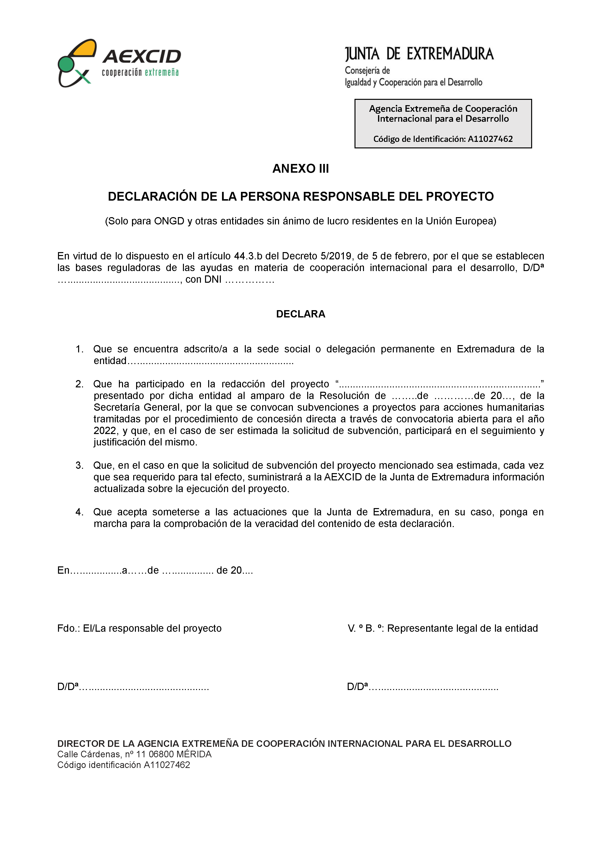 ANEXO III DECLARACION DE LA PERSONA RESPONSABLE DEL PROYECTO