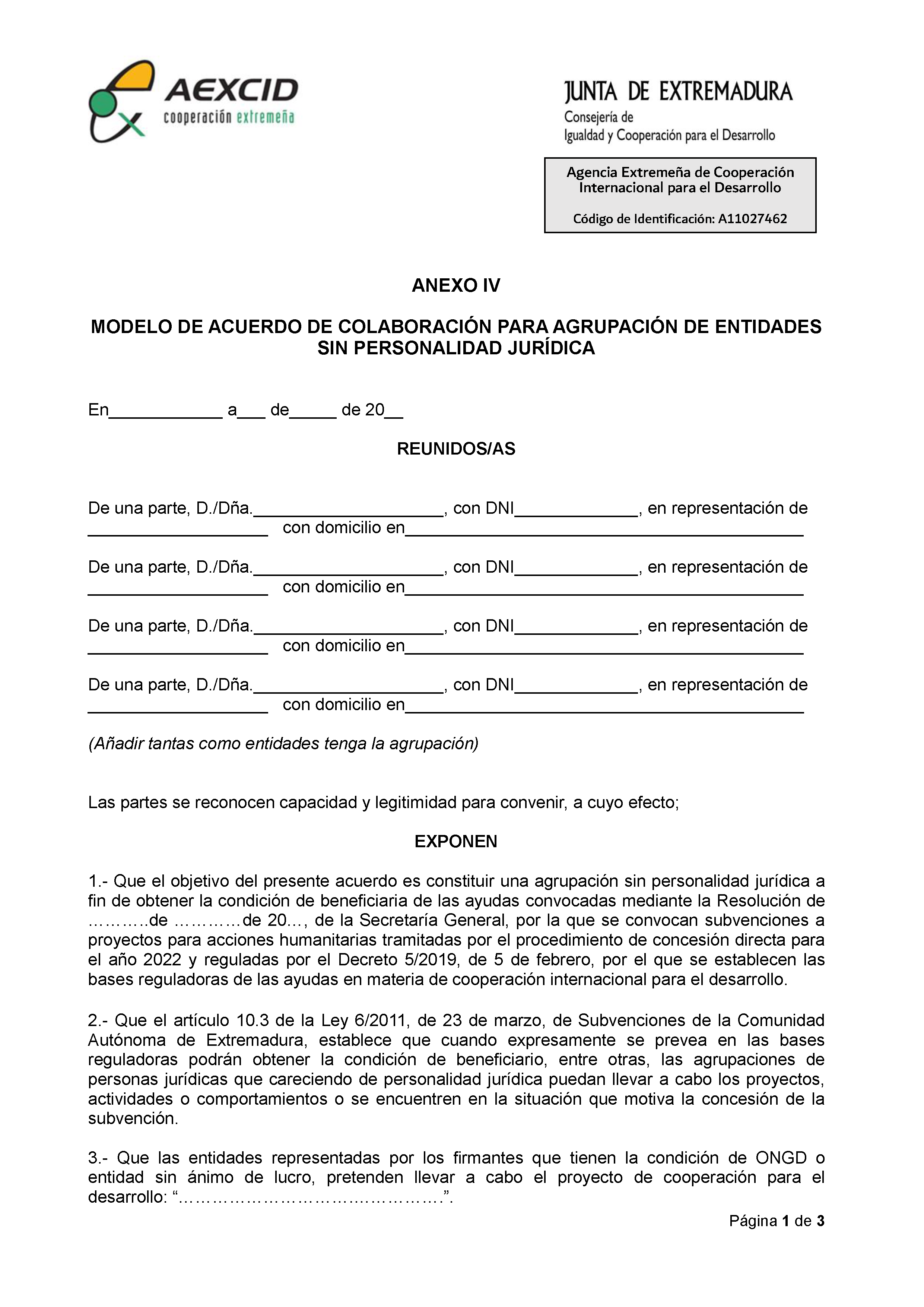 ANEXO IV MODELO DE ACUERDO DE COLABORACIÓN PARA AGRUPACIÓN DE ENTIDADES SIN PERSONALIDAD JURÍDICA PAG.1
