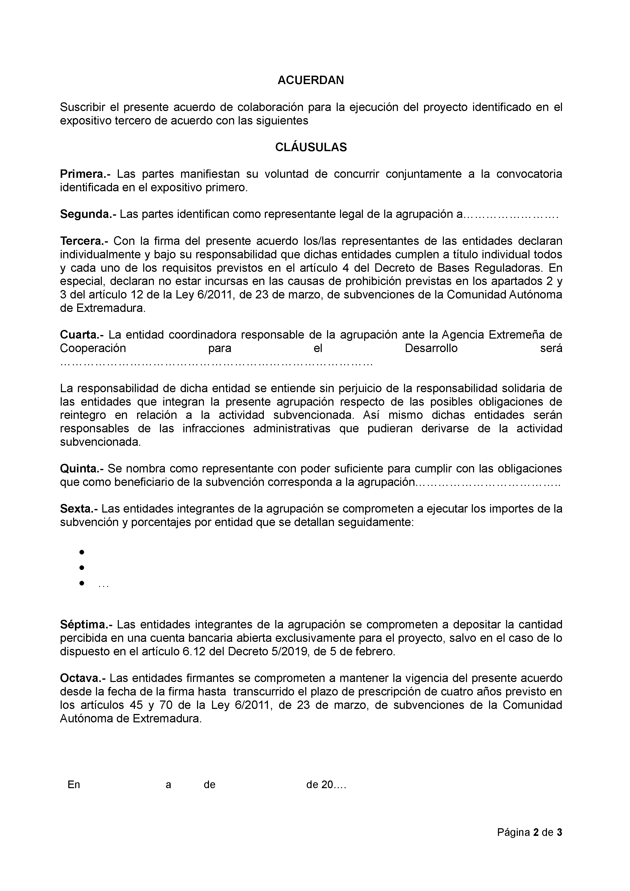 ANEXO IV MODELO DE ACUERDO DE COLABORACIÓN PARA AGRUPACIÓN DE ENTIDADES SIN PERSONALIDAD JURÍDICA PAG.2
