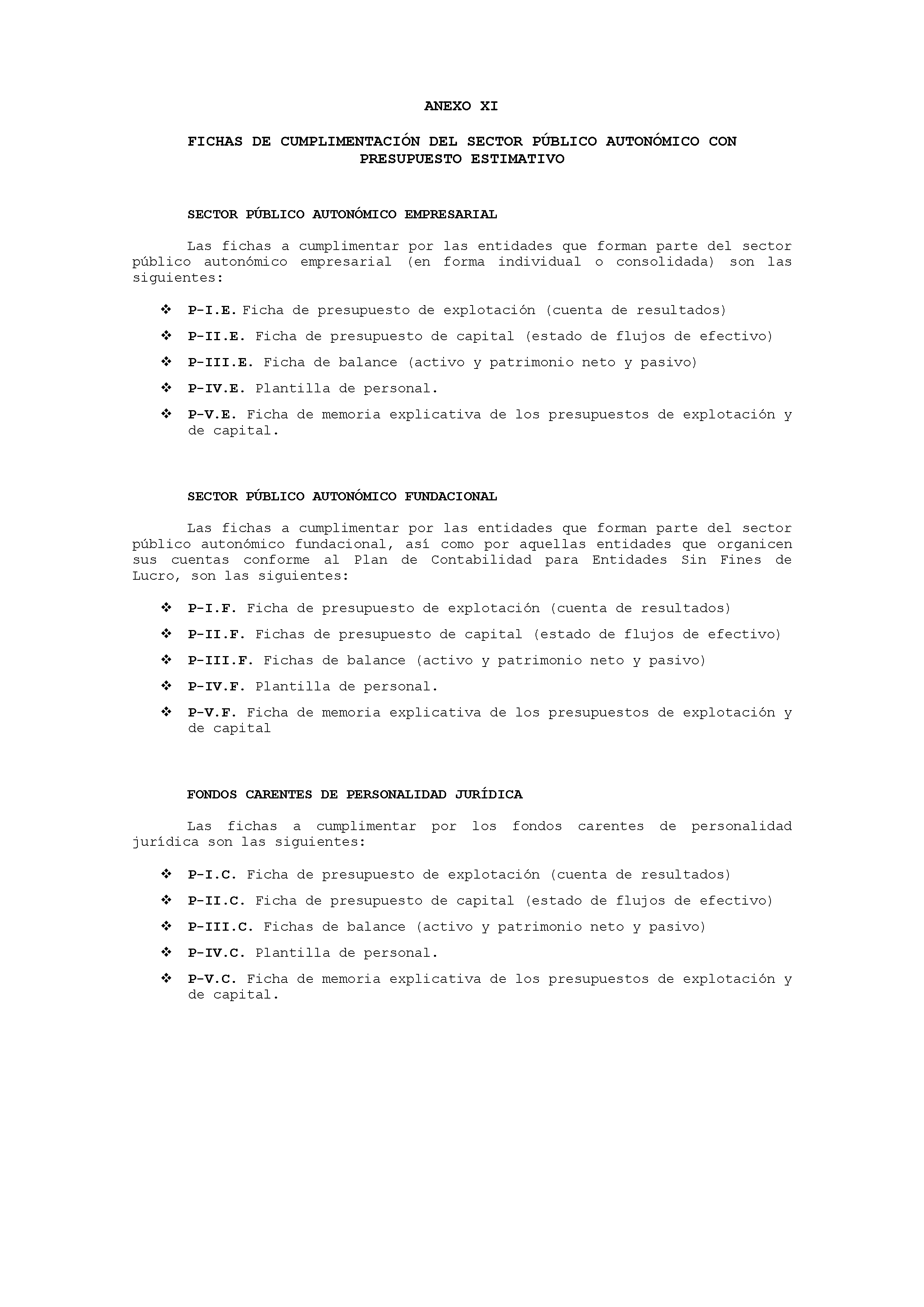 ANEXO XI FICHAS DE CUMPLIMENTACIÓN DEL SECTOR PÚBLICO AUTONÓMICO CON PRESUPUESTO ESTIMATIVO Pag 1