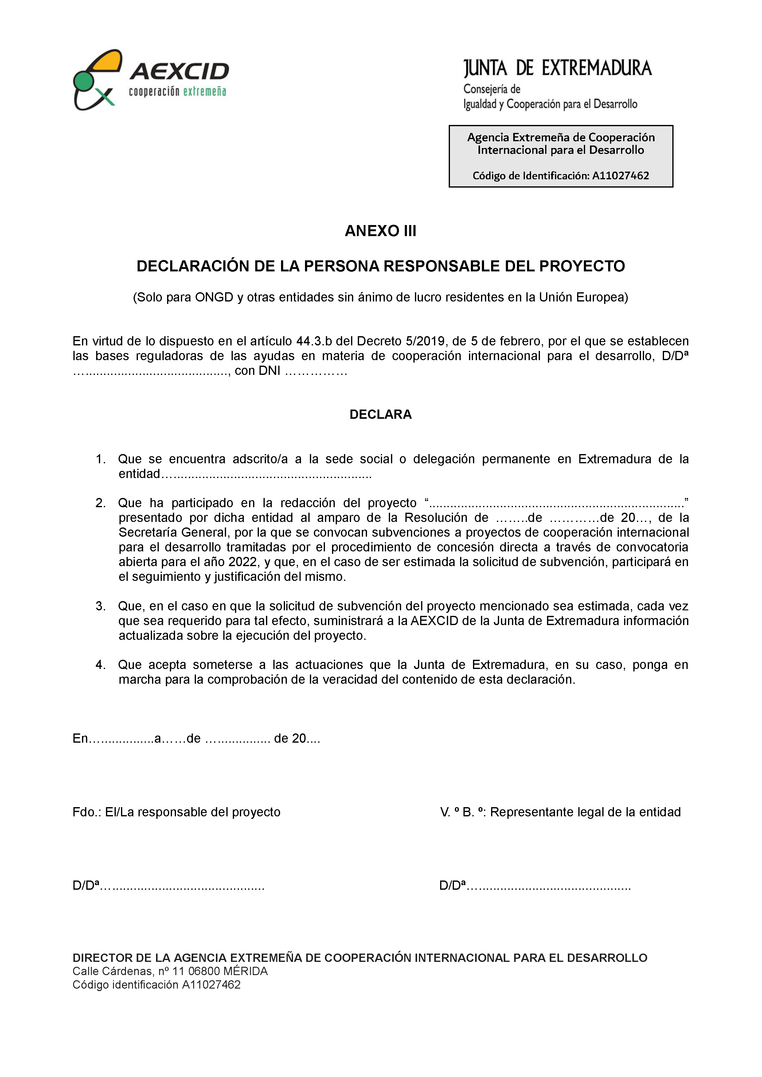 ANEXO III DECLARACION DE LA PERSONA RESPONSABLE DEL PROYECTO Pag 1