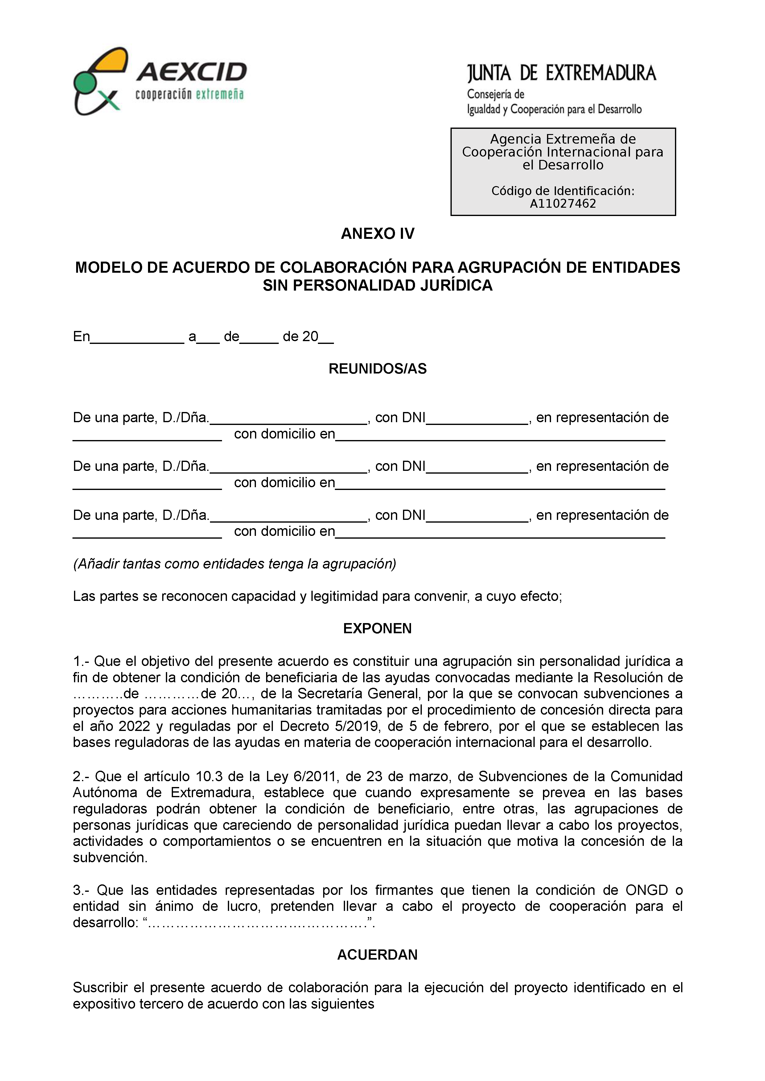 ANEXO IV MODELO DE ANEXO DE COLABORACION PARA AGRUPACION DE ENTIDADES SIN PERSONALIDAD JURIDICA Pag 1