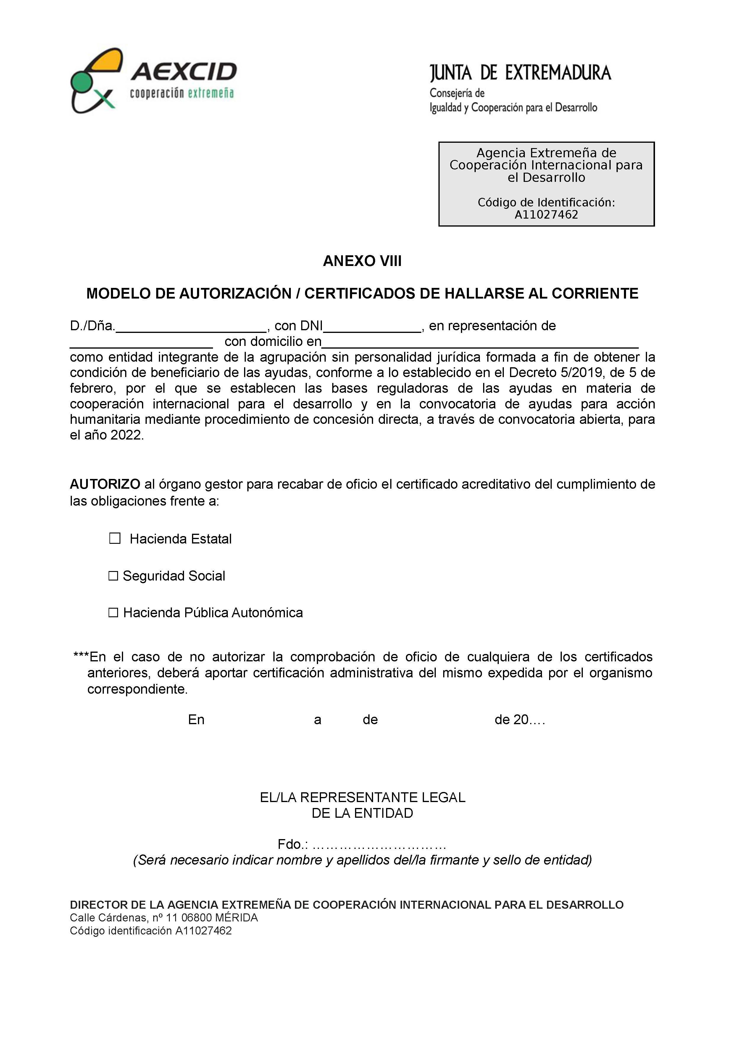 ANEXO VIII MODELO DE AUTORIZACION / CERTIFICADOS DE HALLARSE AL CORRIENTE Pag 1
