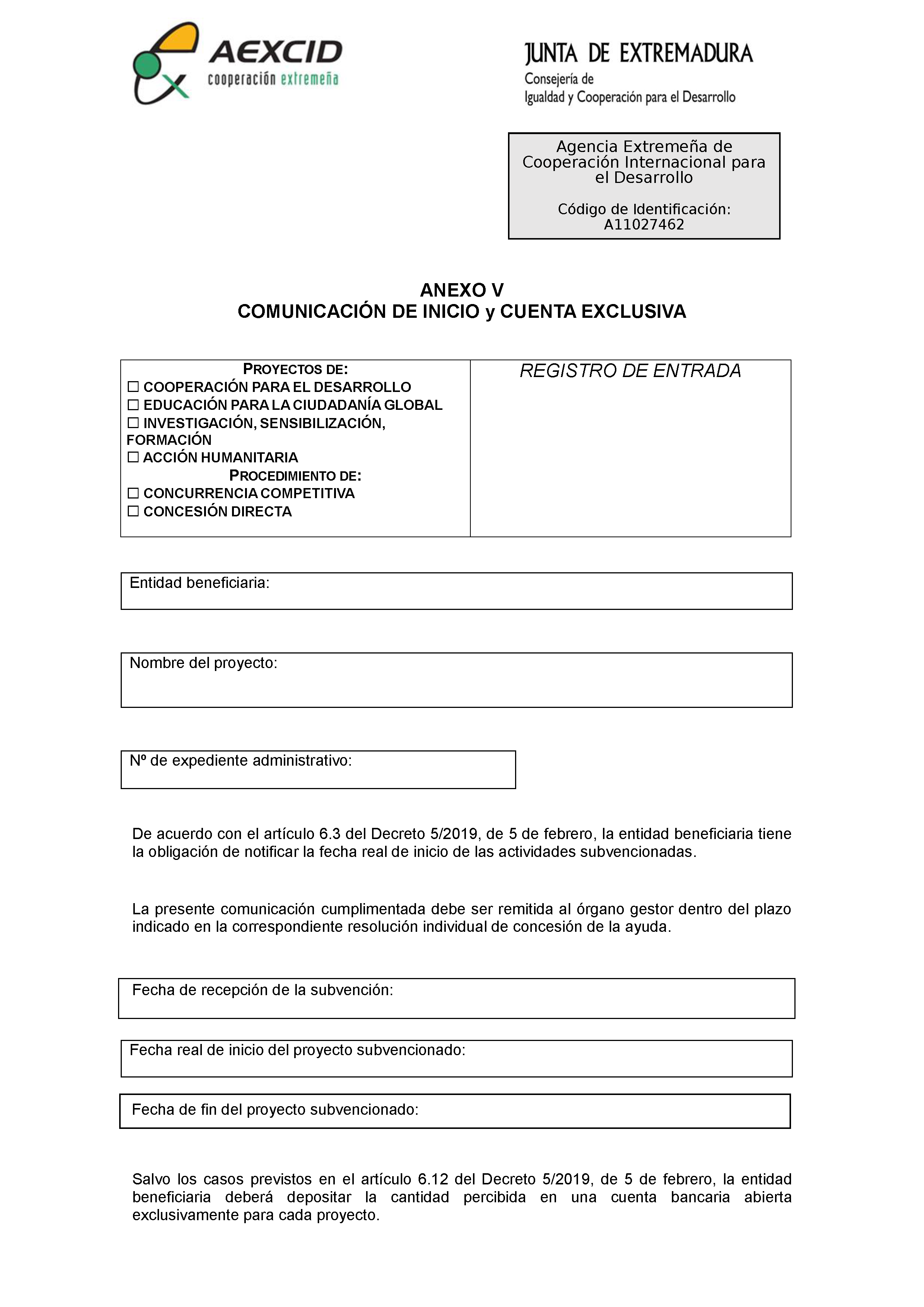 ANEXO V COMUNICACION DE INICIO Y CUENTA EXCLUSIVA Pag 1