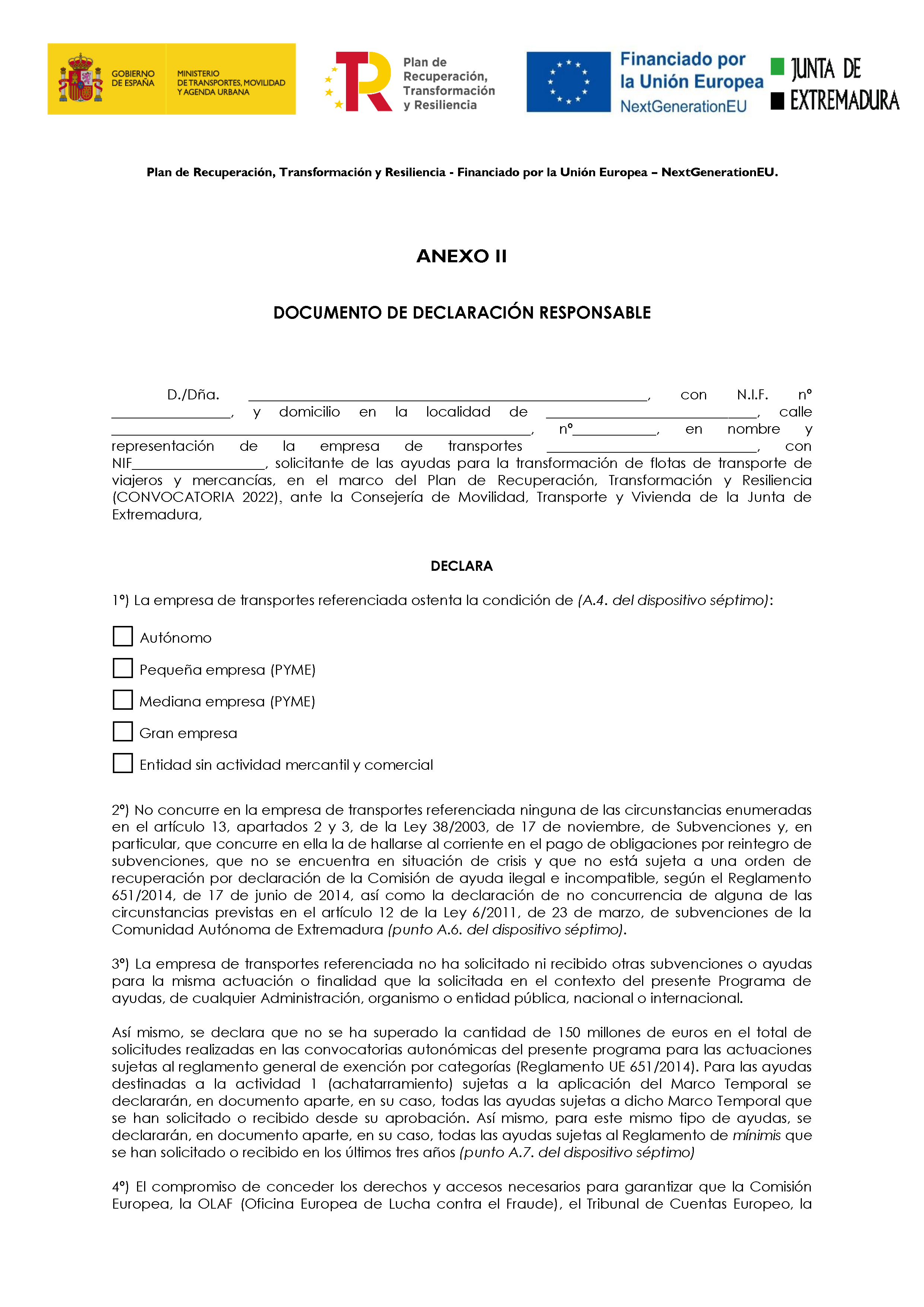 ANEXO II DOCUMENTO DE DECLARACION RESPONSABLE PAG. 1