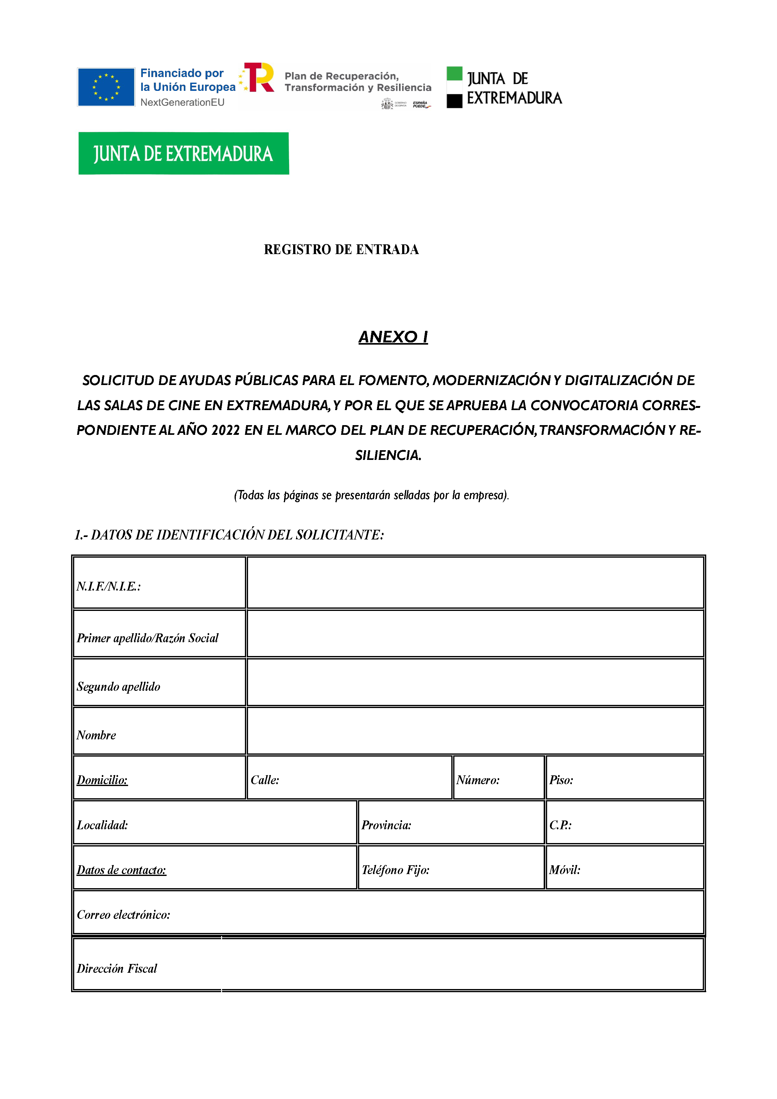 ANEXO SOLICITUD DE AYUDAS PÚBLICAS PARA EL FOMENTO, MODERNIZACIÓN Y DIGITALIZACIÓN DE SALAS DE CINE DE EXTREMADURA Pag 1