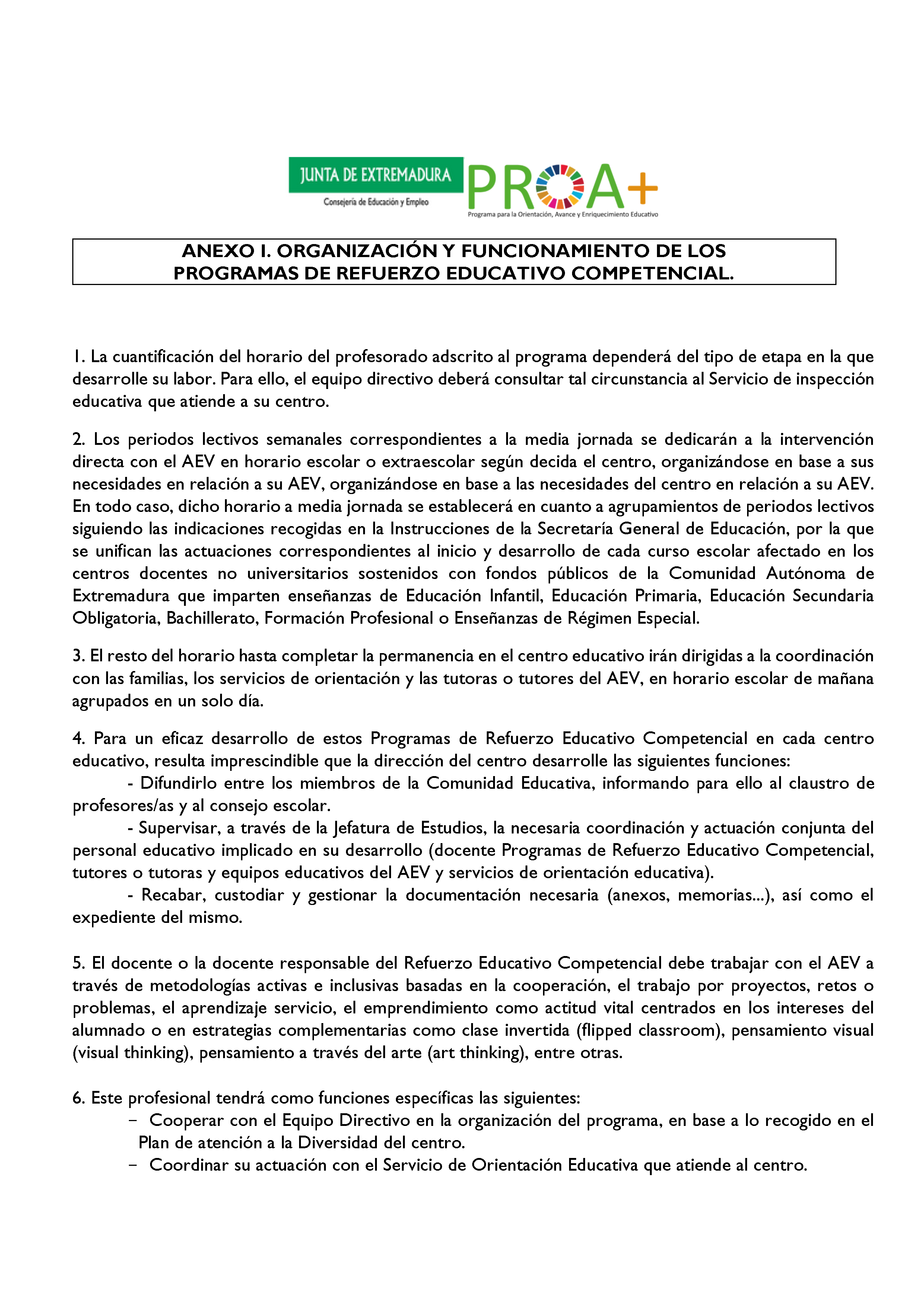 ANEXO I. ORGANIZACIÓN Y FUNCIONAMIENTO DE LOS PROGRAMAS DE REFUERZO EDUCATIVO COMPETENCIAL. Pag 1