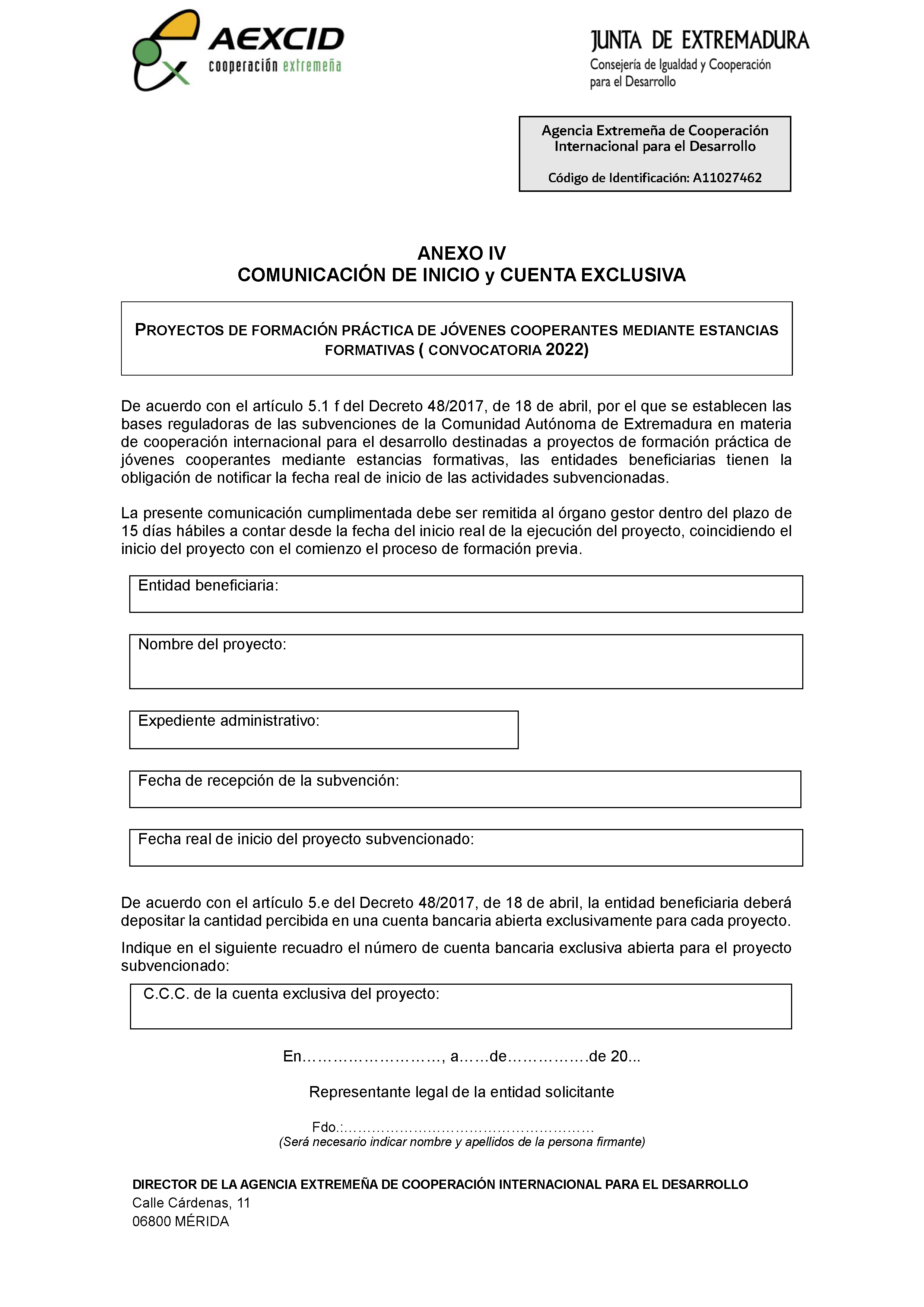 ANEXO IV COMUNICACION DE INICIO Y CUENTA EXCLUSIVA