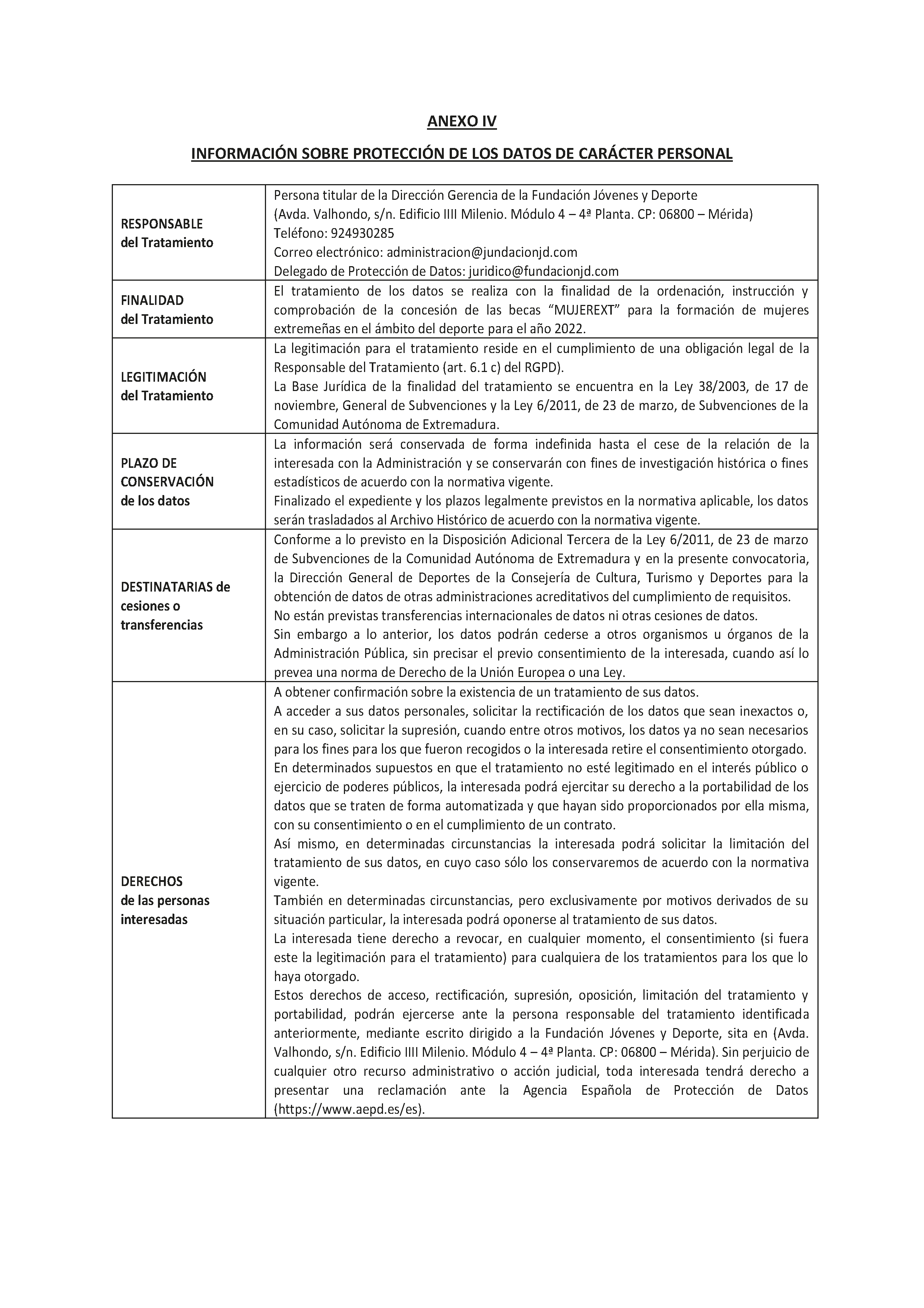 ANEXO IV INFORMACION SOBRE PROTECCION DE LOS DATOS DE CARACTER PERSONAL Pag 10