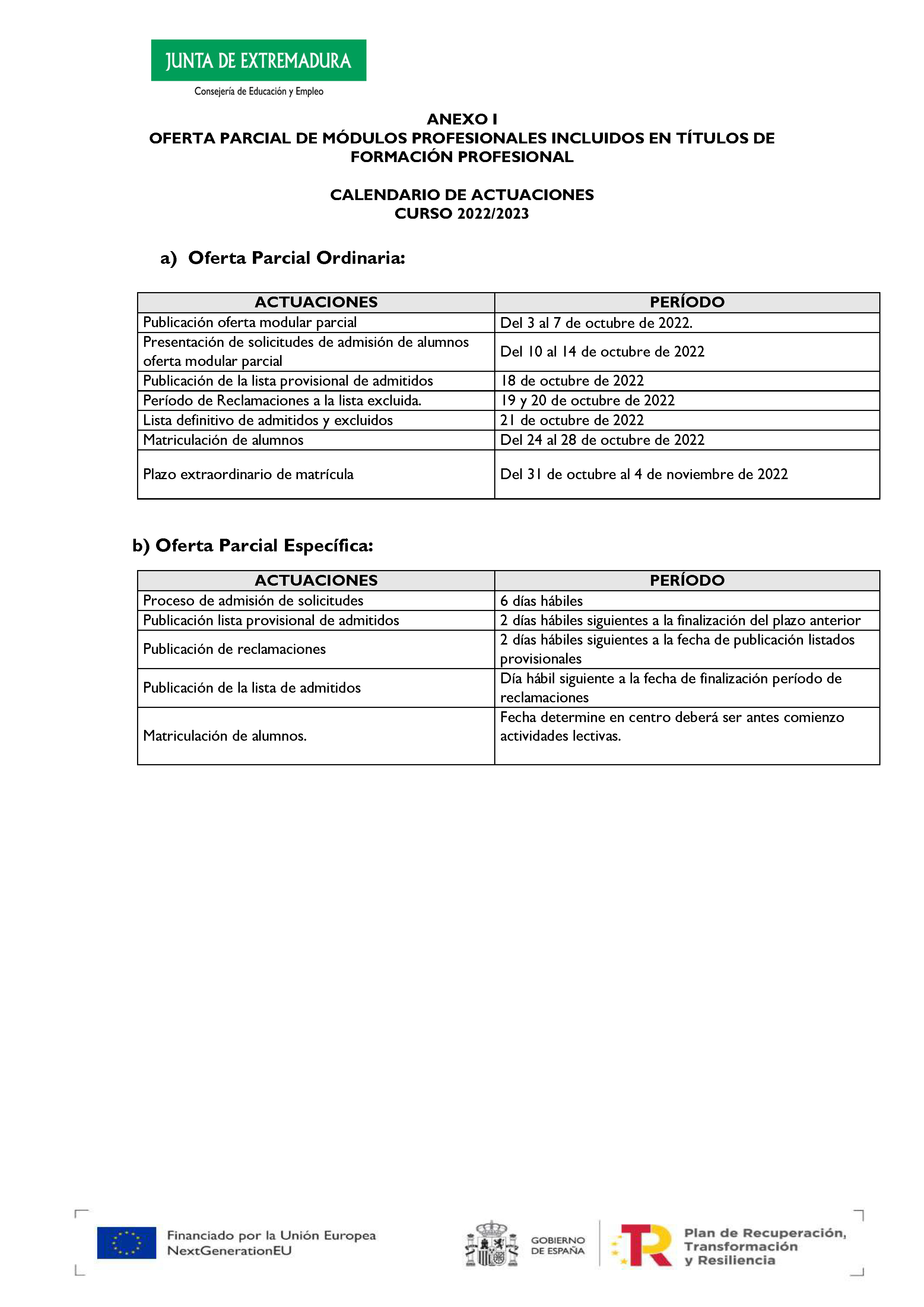 ANEXO I OFERTA PARCIAL DE MÓDULOS PROFESIONALES INCLUIDOS EN TÍTULOS DE FORMACIÓN PROFESIONAL CALENDARIO DE ACTUACIONES - CURSO 2022/2023 Pag 1