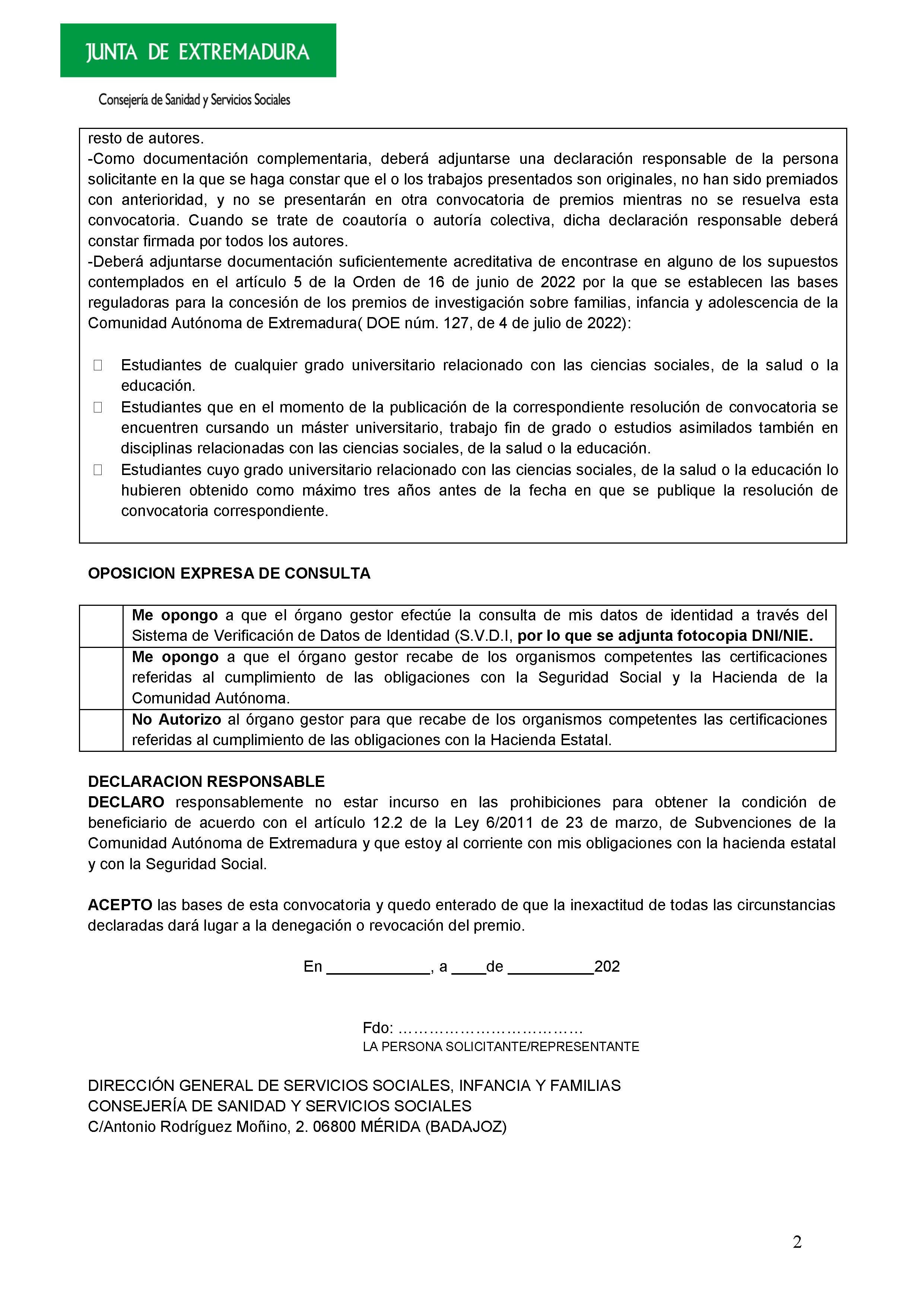 ANEXO I - I PREMIOS DE INVESTIGACION SOBRE FAMILIAS, INFANCIA Y ADOLESCENCIA DE EXTREMADURA PAG.1