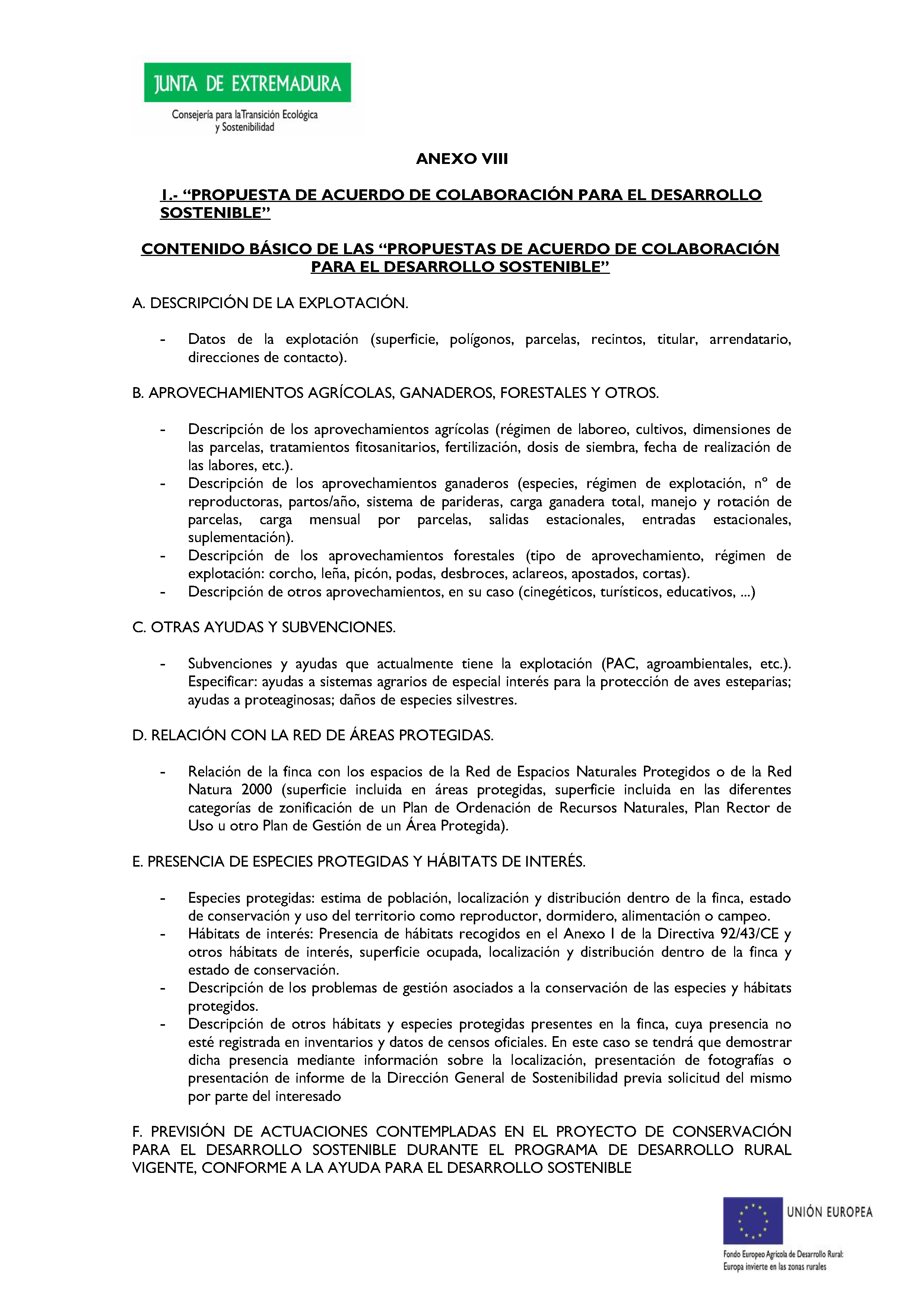 ANEXO VIII 1. PROPUESTA DE ACUERDO DE COLABORACIÓN PARA EL DESARROLLO SOSTENIBLE Pag 1