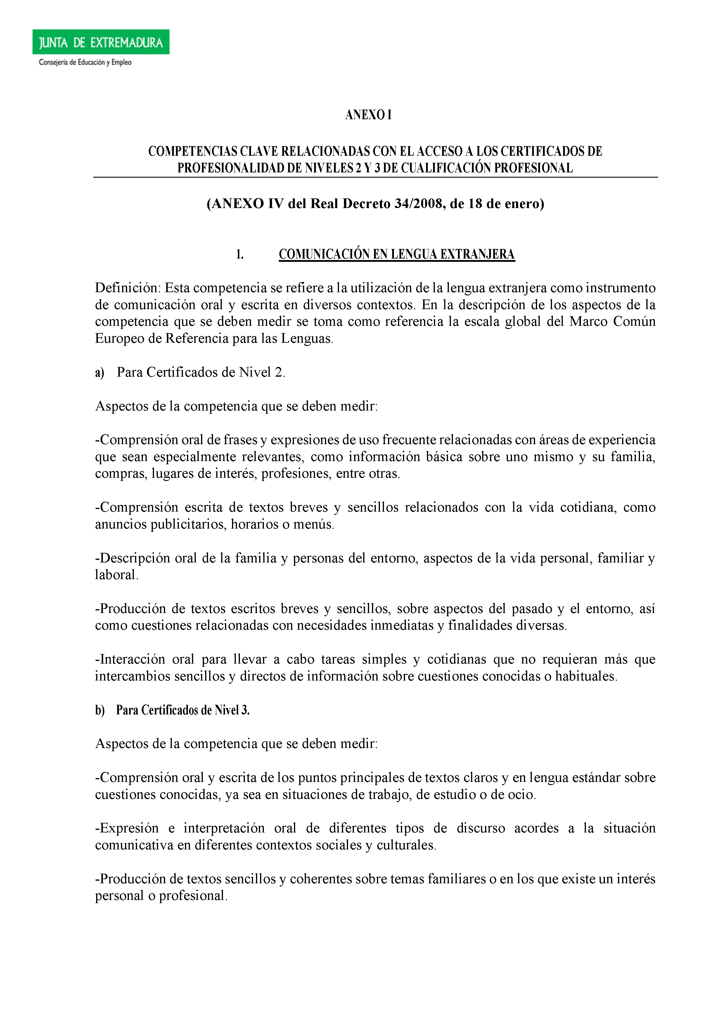 ANEXO I - COMPETENCIAS CLAVE RELACIONADAS CON EL ACCESO A LOS CERTIFICADOS DE PROFESIONALIDAD DE NIVELES 2 Y 3 DE CUALIFICACIÓN PROFESIONAL Pag 1