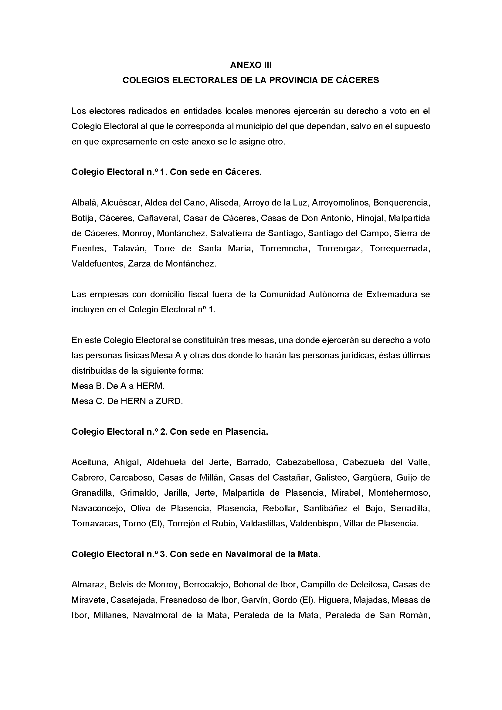 ANEXO 3 COLEGIOS ELECTORALES DE LA PROVINCIA DE CACERES PAG 1