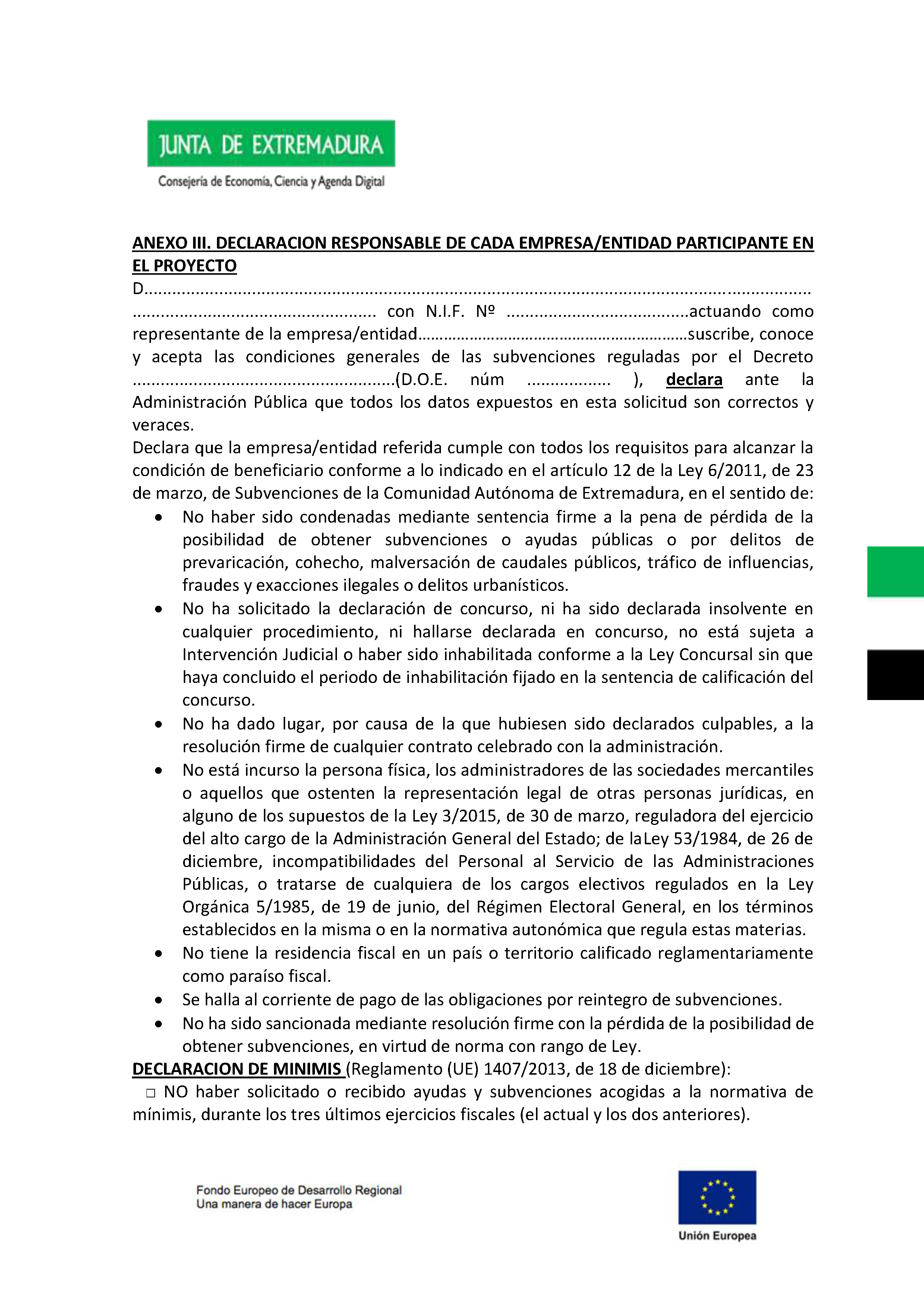 ANEXO III DECLARACION RESPONSABLE DE CADA EMPRESA/ENTIDAD PARTICIPANTE EN EL PROYECTO