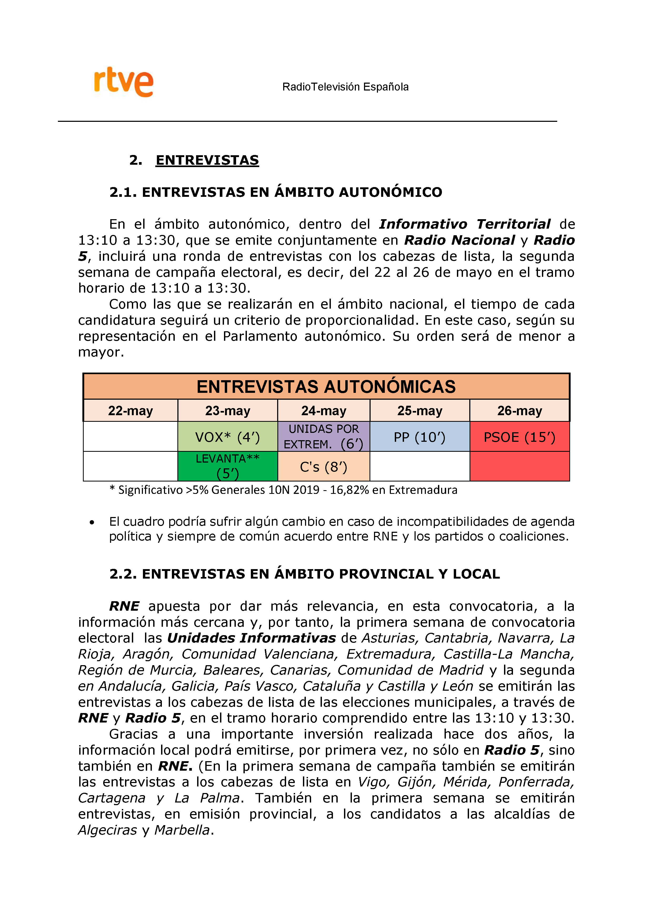 PLAN DE COBERTURA INFORMATIVA RTVE en Extremadura ELECCIONES MUNICIPALES Y AUTONÓMICAS Pag 11