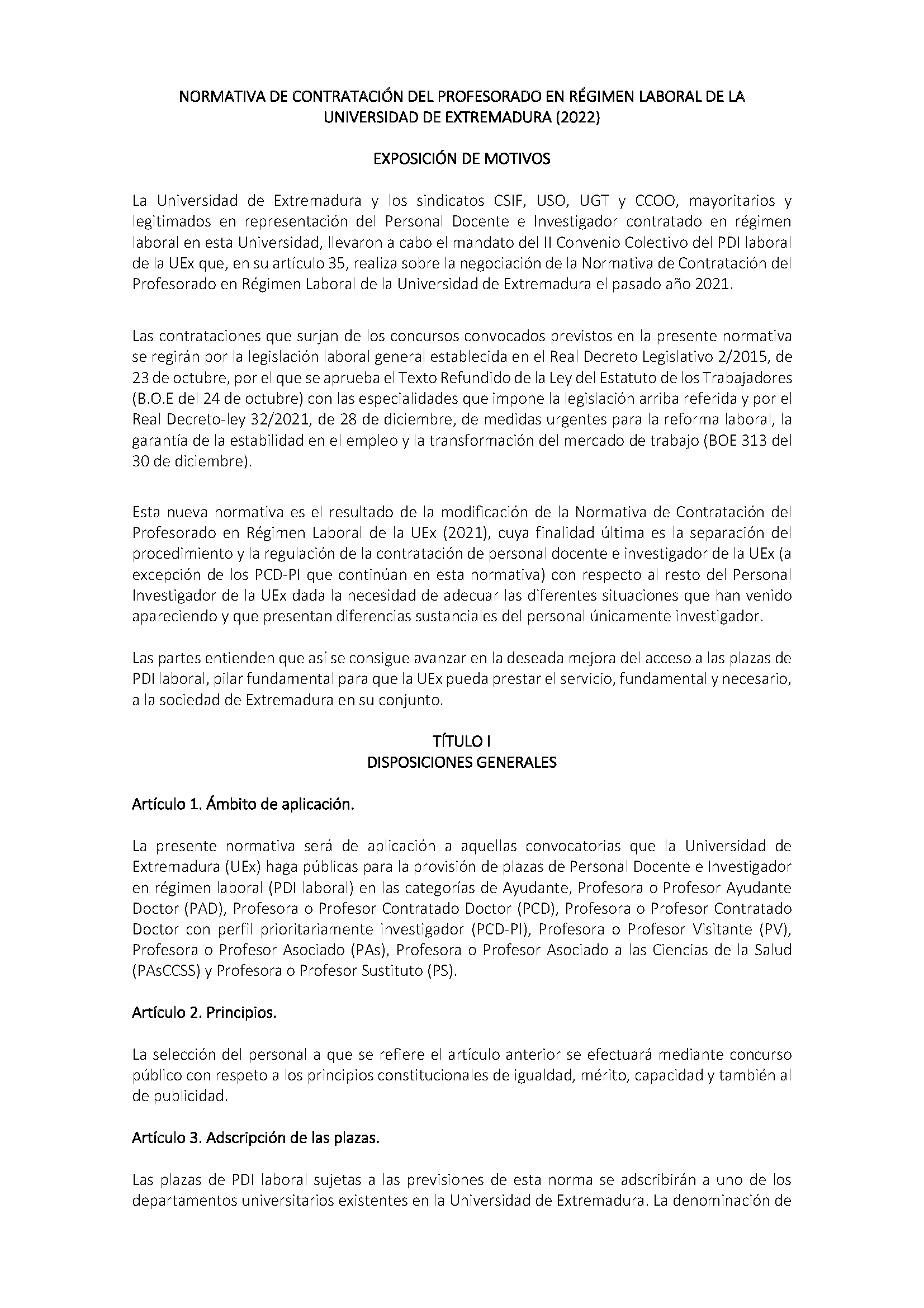 NORMATIVA DE CONTRATACION DEL PROFESORADO EN REGIMEN LABORAL DE LA UNIVERSIDAD DE EXTREMADURA (2022) Pag 1
