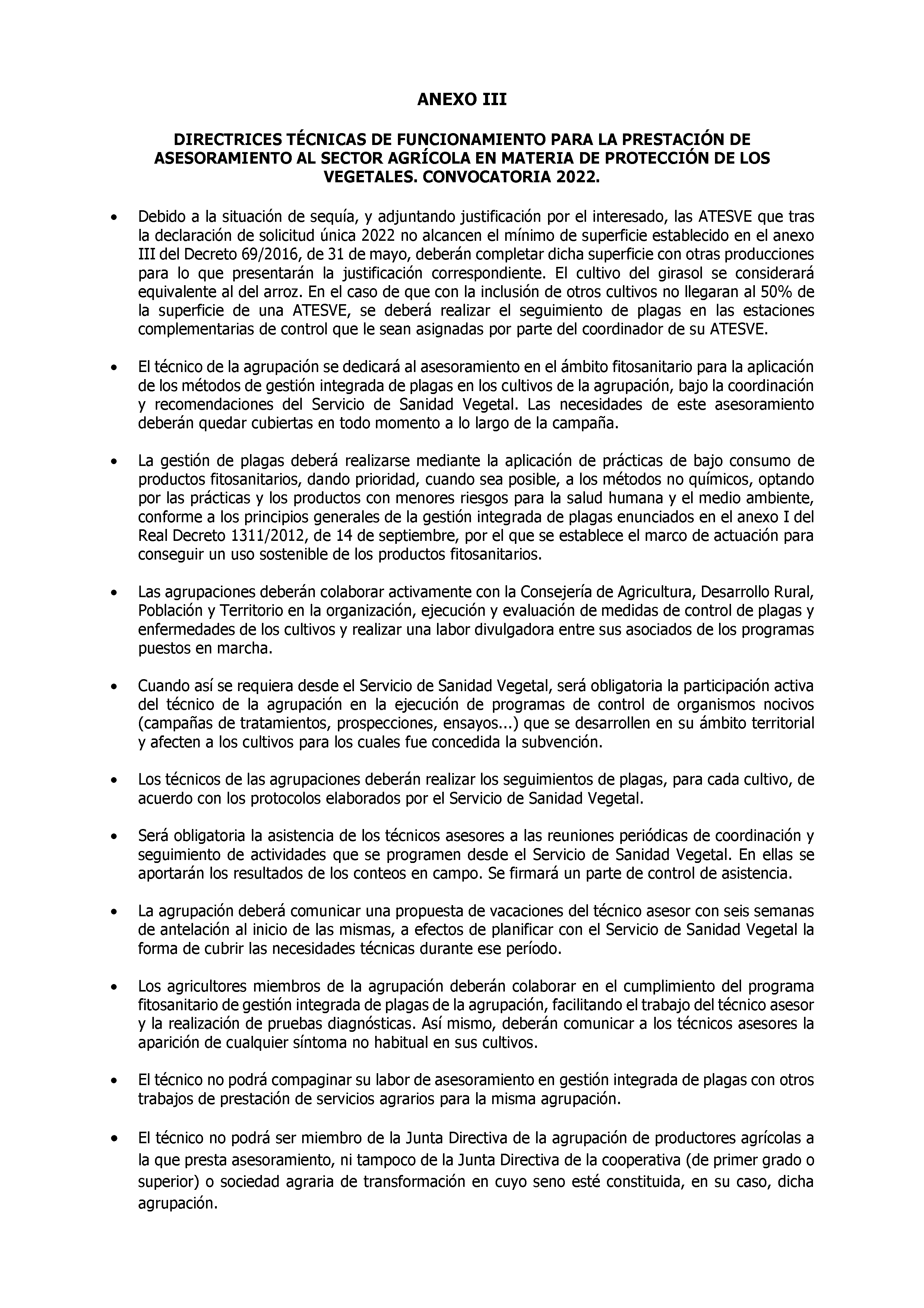 ANEXO III DIRECTRICES TECNICAS DE FUNCIONAMIENTO PARA LA PRESTACION DE ASESORAMIENTO AL SECTOR AGRICOLA EN MATERIA DE PROTECCION DE LOS VEGETALES Pag 7