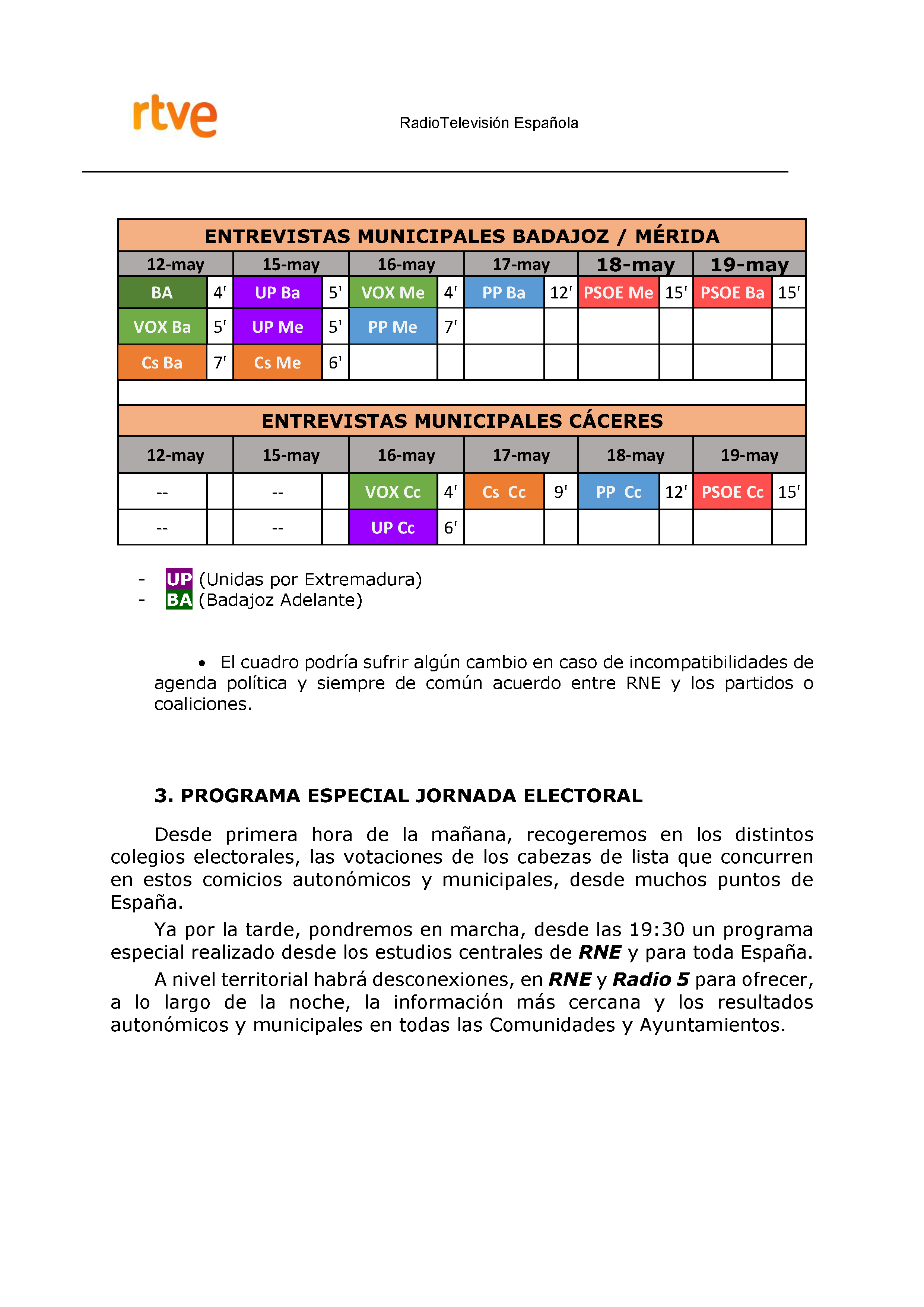 PLAN DE COBERTURA INFORMATIVA RTVE en Extremadura ELECCIONES MUNICIPALES Y AUTONÃ“MICAS Pag 12