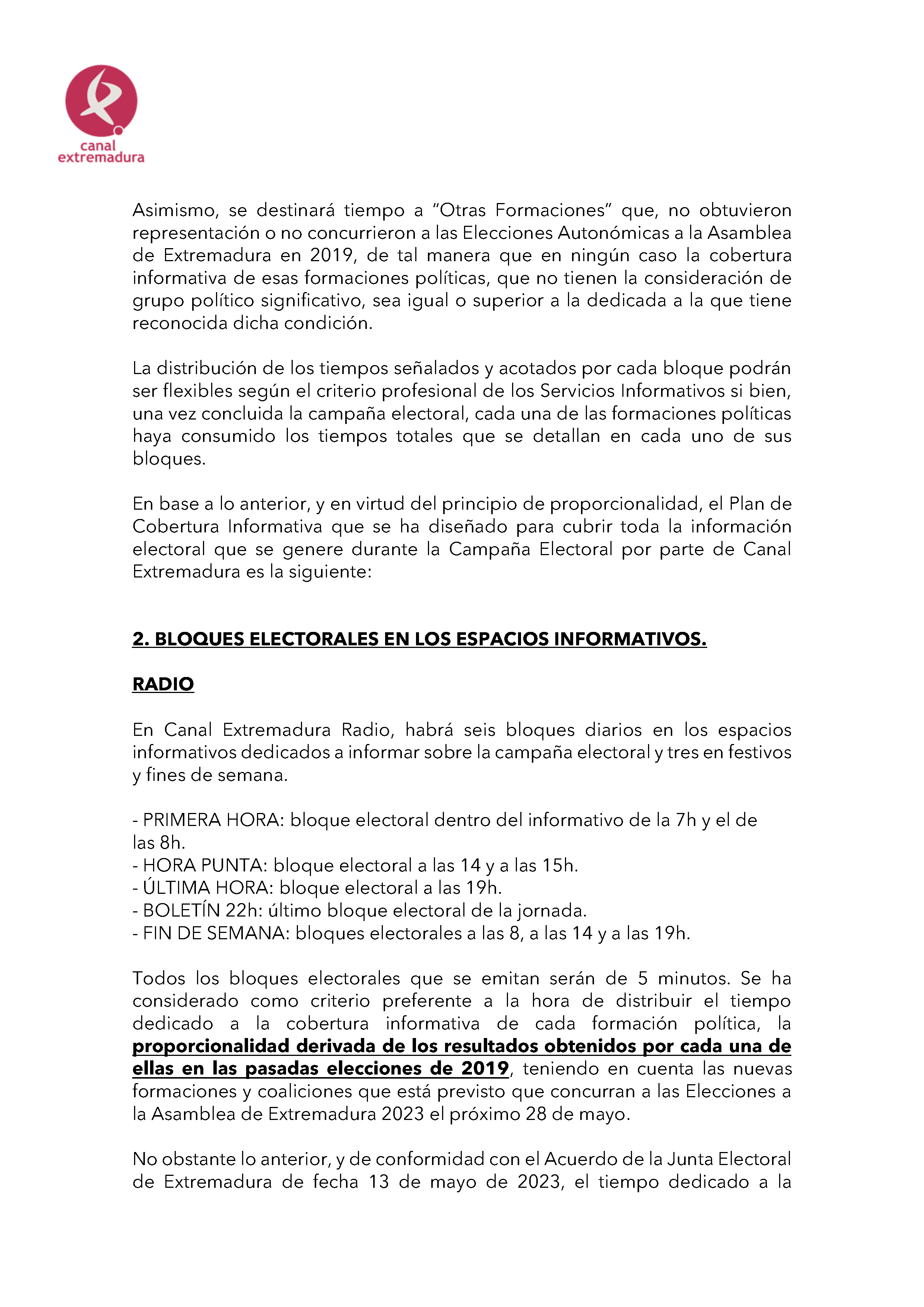 PLAN DE COBERTURA INFORMATIVA DE CANAL EXTREMADURA ELECCIONES AUTONÃ“MICAS 2023. Pag 5