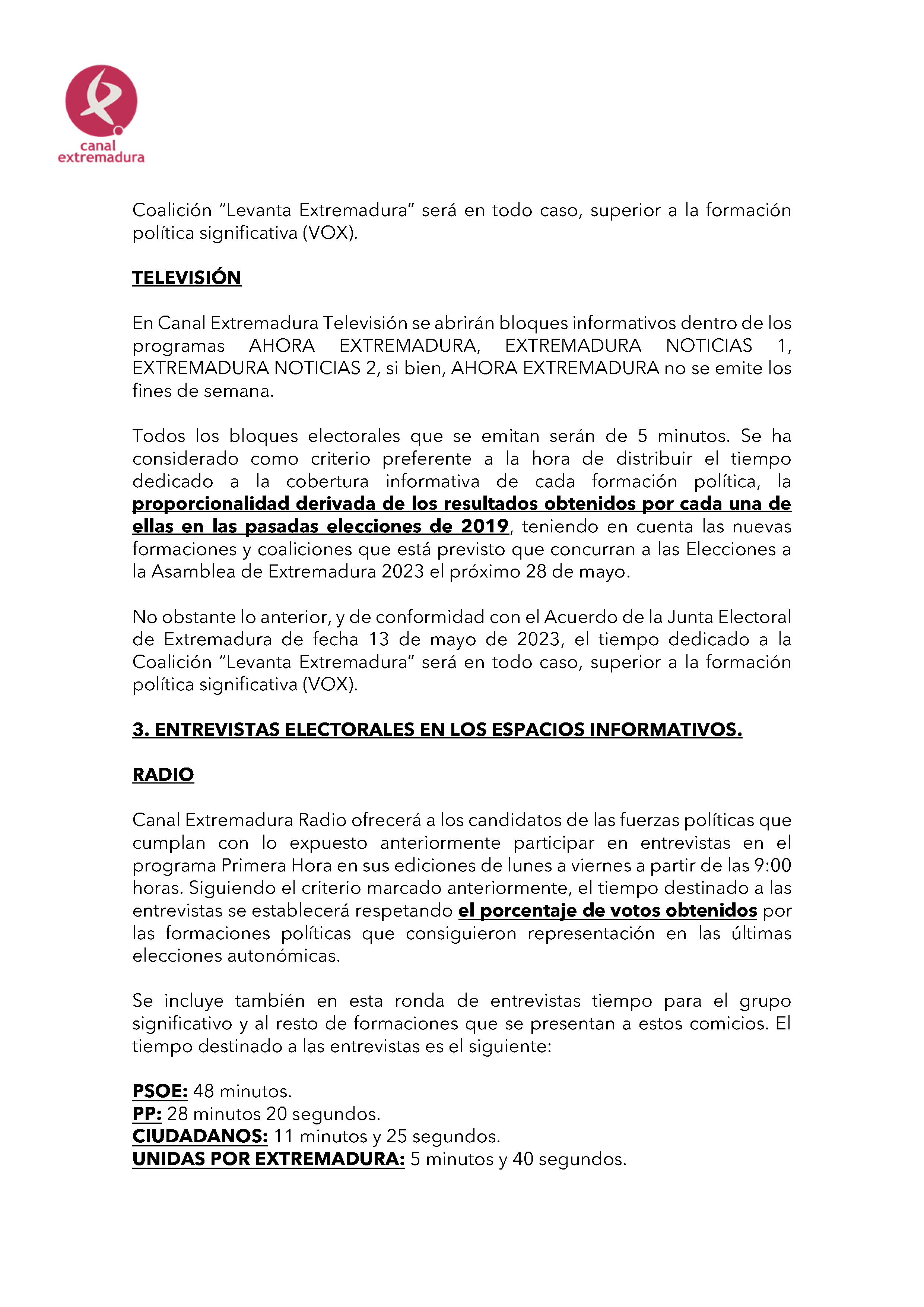 PLAN DE COBERTURA INFORMATIVA DE CANAL EXTREMADURA ELECCIONES AUTONÃ“MICAS 2023. Pag 6