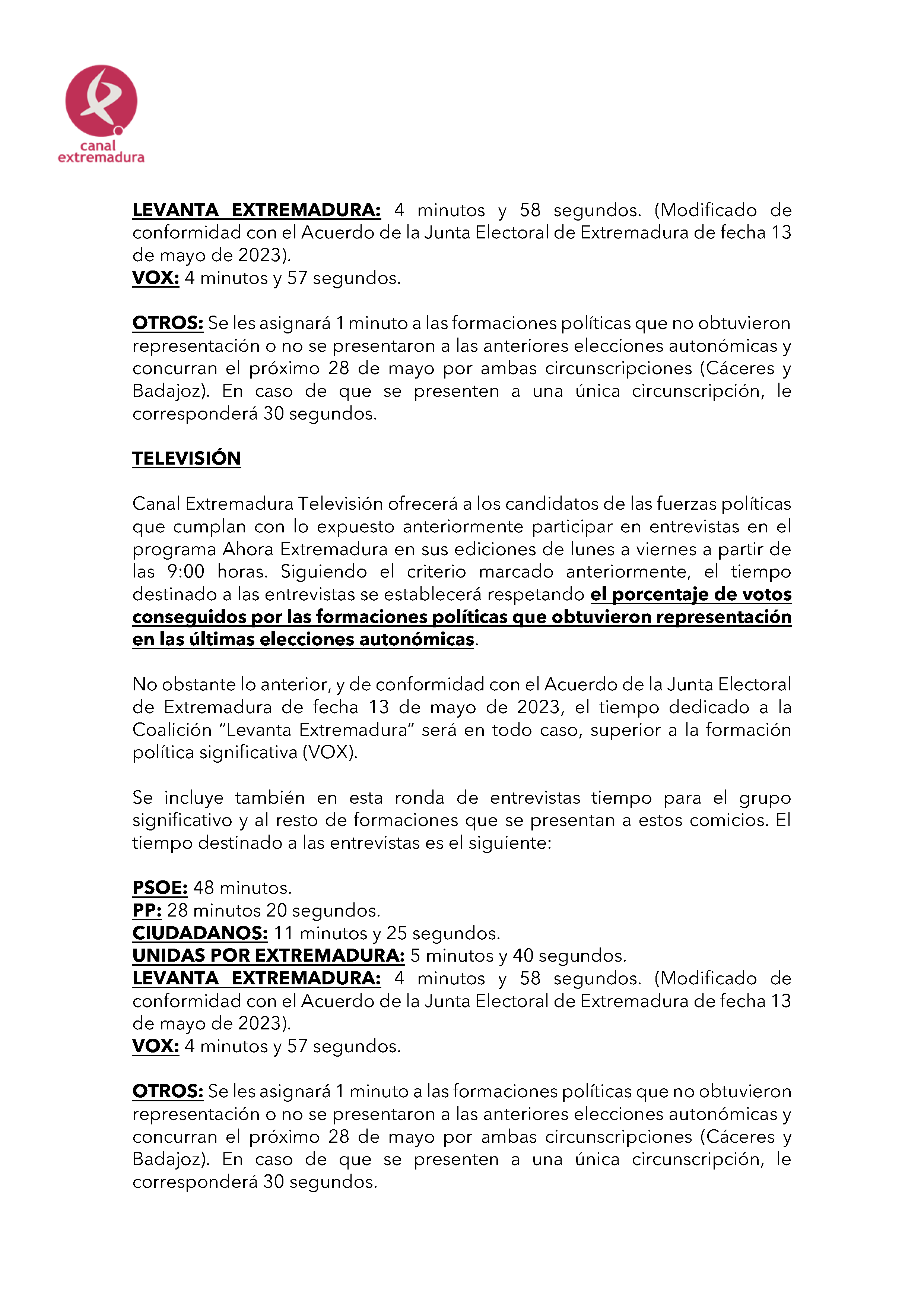 PLAN DE COBERTURA INFORMATIVA DE CANAL EXTREMADURA ELECCIONES AUTONÃ“MICAS 2023. Pag 7